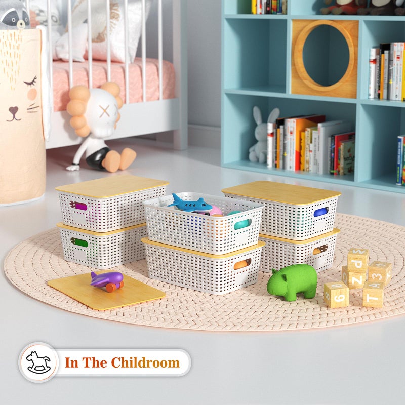 Ohmlove Plastic Storage Baskets With Bamboo Lid - Plastic Storage Containers Stackable Storage bins: Storage Baskets for Organizing Shelves Drawers Desktop Closet Playroom Classroom Office  6 Pack - Image 5